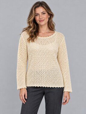 Lizsport Cream Textured Knit Sweater with Subtle Gold Shimmer — Medium